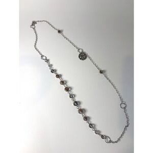 Silver Tone Long Beaded Coin Pendant Necklace Smoky Grey Amber Gold 36 Inch